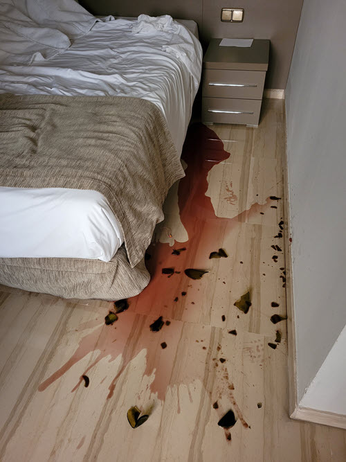 A broken bottle of red wine on the floor in a hotel room