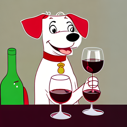A white dog with red ears and a red choker (collar) holding a glass of red wine