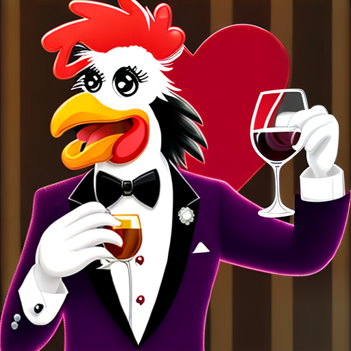 Rooster in a tuxedo holding a glass of red wine and standing in front of a large red heart