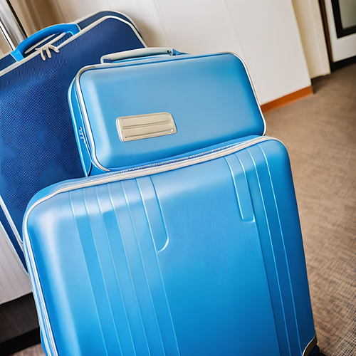 Three blue suitcases of differing sizes