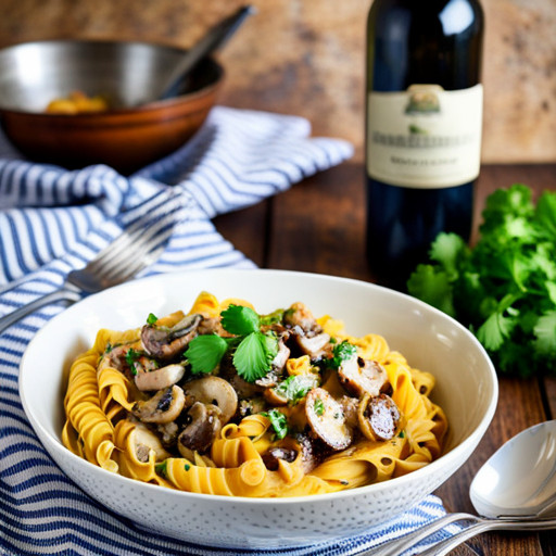 Mushroom pasta sprinkled with parsley and served with Syrah